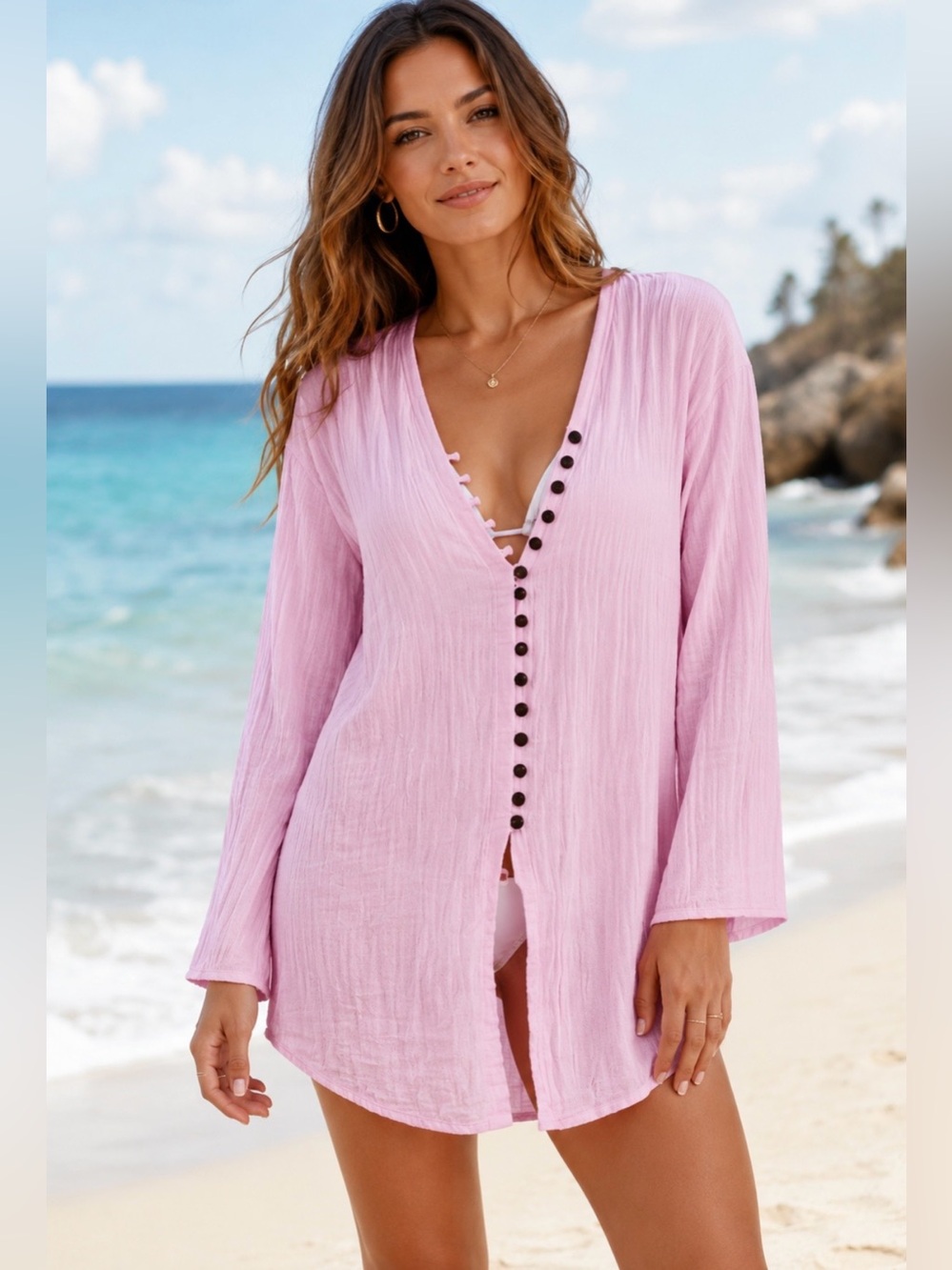 INDIAN TROPICAL FASHION Light Pink Gauze Beach Cover-Up with Wooden Buttons